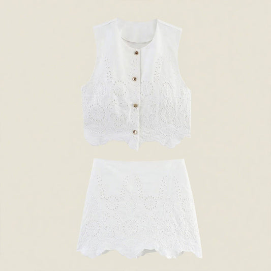 Fashion hollowed-out embroidered vest skirt set