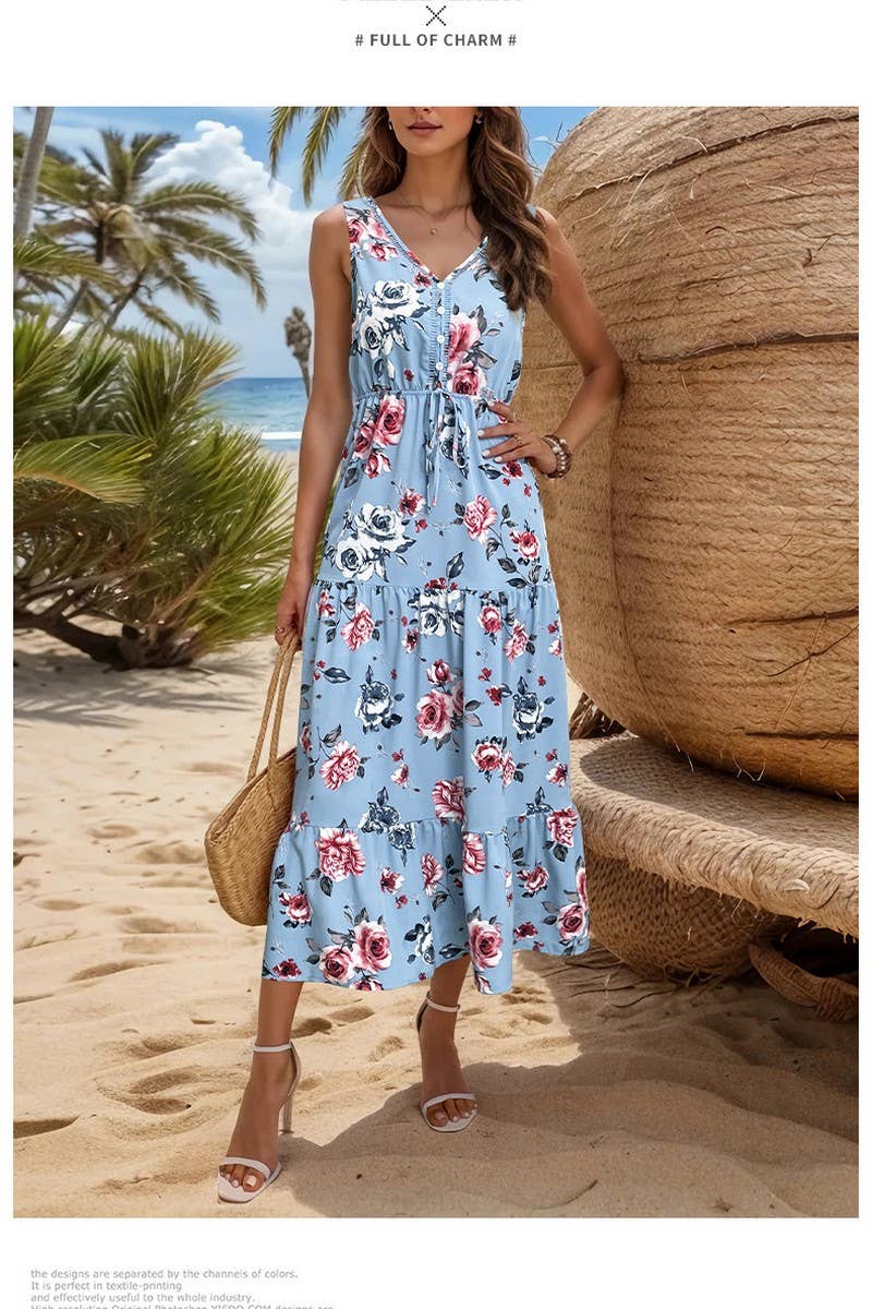 CWDMD1872_V-NECK SLEEVELESS LAYERED PRINT MIDI DRESS