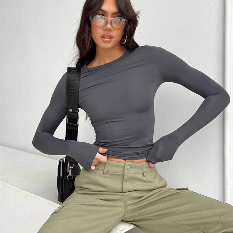 Irregular solid color slimming base T-shirt