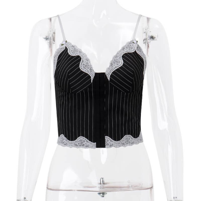 Lace striped color-blocking low-cut halter top