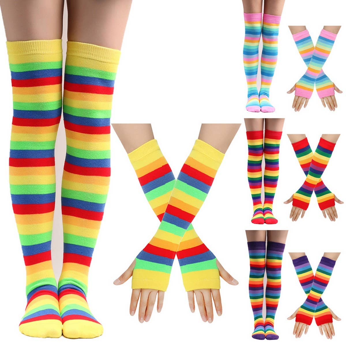 COLORFUL STRIPED KNEE SOCKS AND GLOVES SET