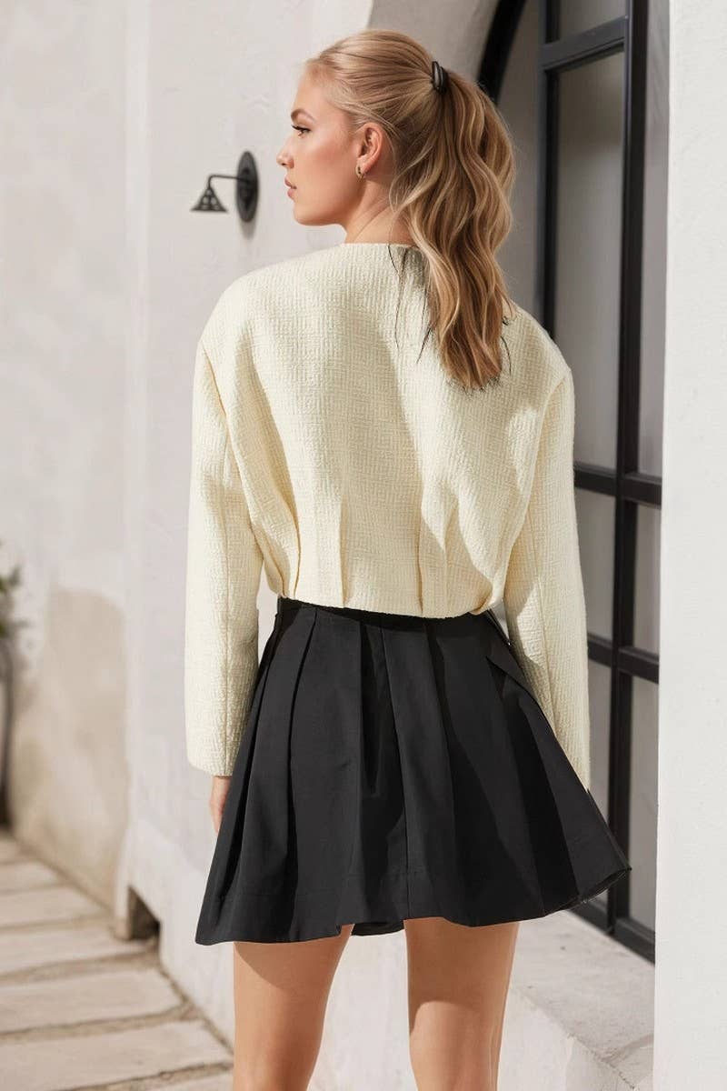 CWOCO1282_CREW NECK PLEATED HEM TWEED BOMBER JACKET