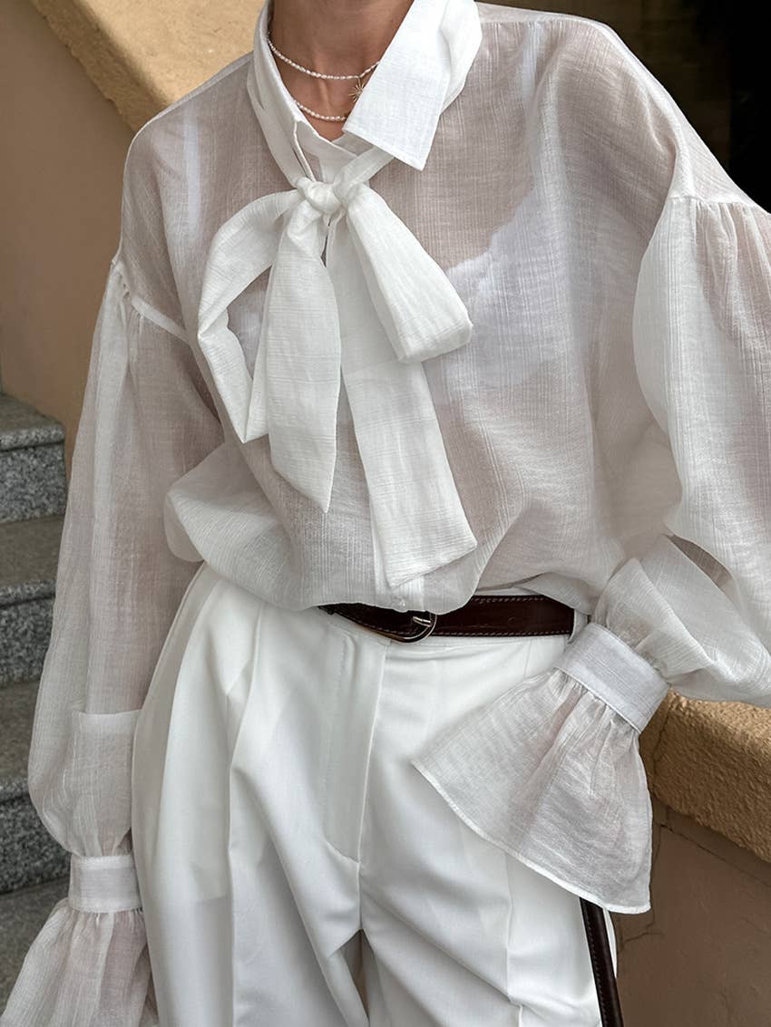 Sheer tie-front shirt in luxe crinkle fabric