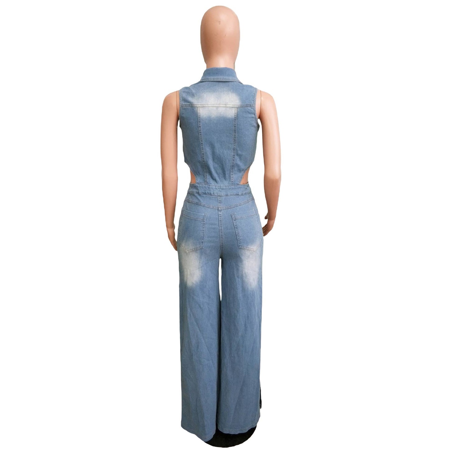 TIGHT WAIST SLIM STRETCH WASH DENIM JUMPSUIT