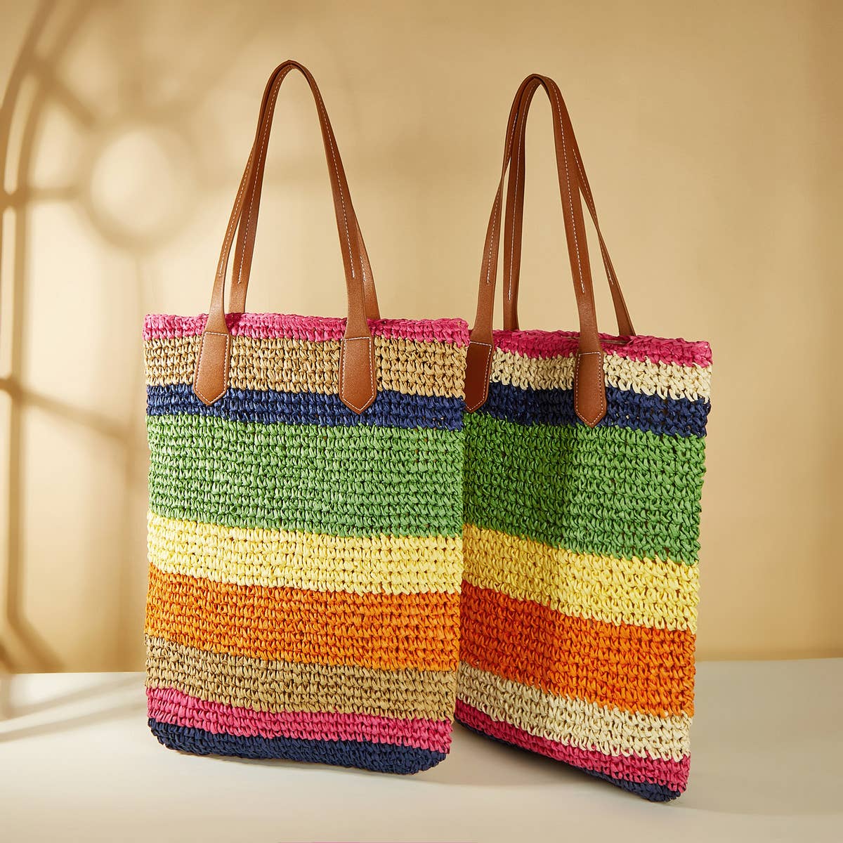 FASHIONABLE STRIPED COLOR BLOCK BEACH CROCHET BAG_CWAB1968