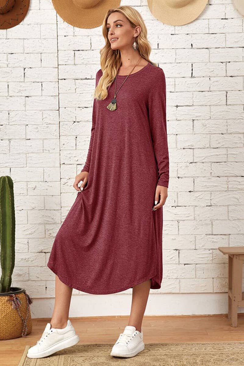 CWDMD3948_SOLID COLOR CASUAL LONG SLEEVE LONG DRESS