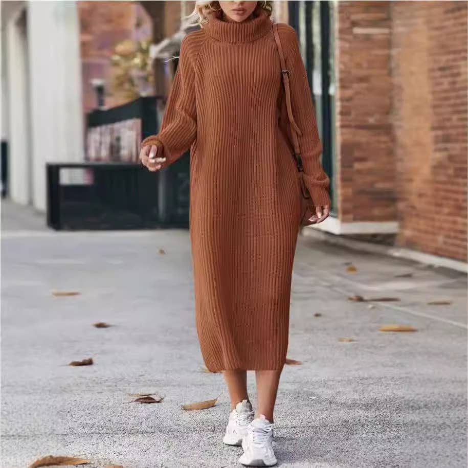 LONG SOLID COLOR FITTING TURTLENECK SWEATER DRESS