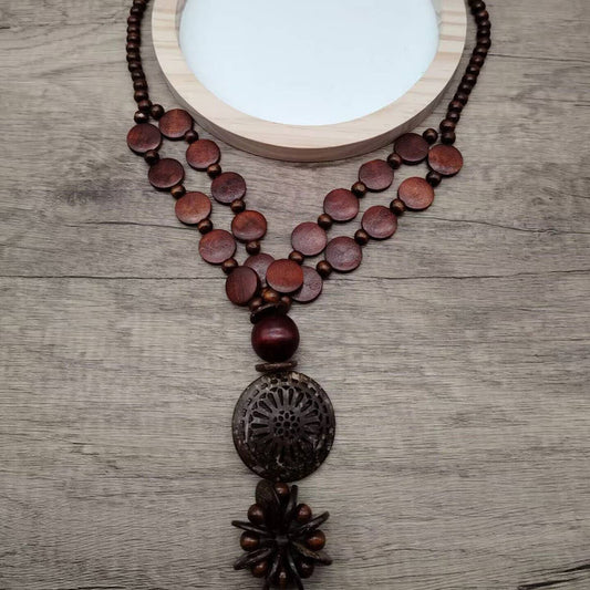 ETHNIC COCONUT SHELL AND WOOD MULTI-LAYER NECKLACE