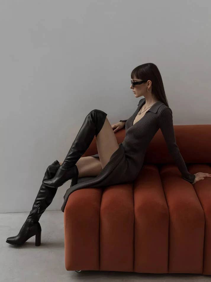 LACE-UP ONE-PIECE LONG-SLEEVED POLO NECK DRESS