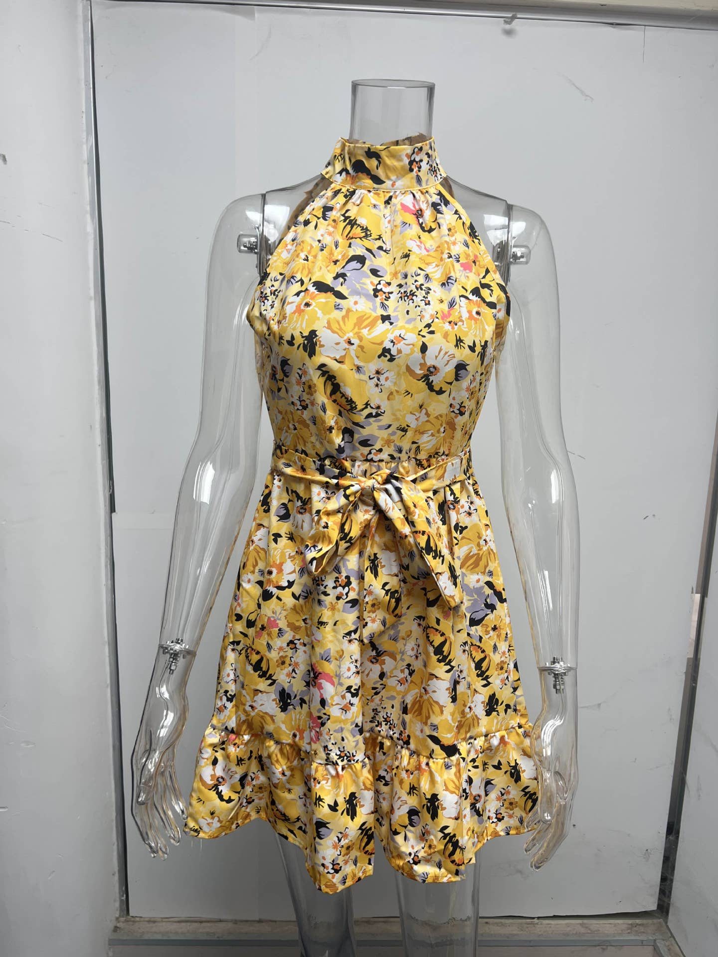 Temperament lace-up flouncy floral dress