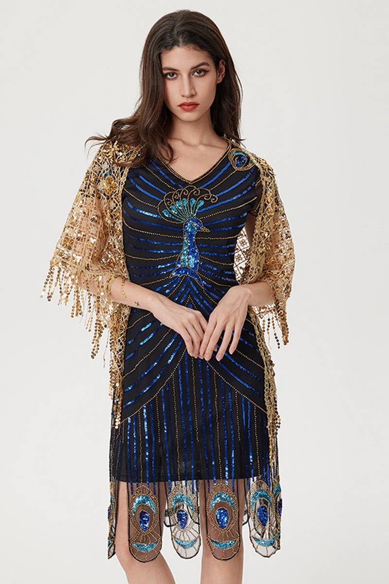 CWDHL1051_V-NECK VINTAGE SEQUIN TASSEL PARTY DRESS
