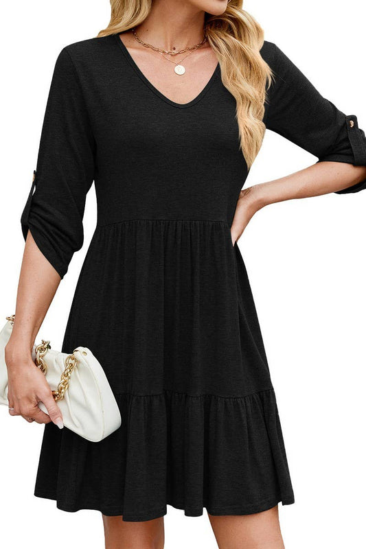 CWDSD7422_LOOSE MID-LENGTH SLEEVE V-NECK PLEATED RUFFLE DRES