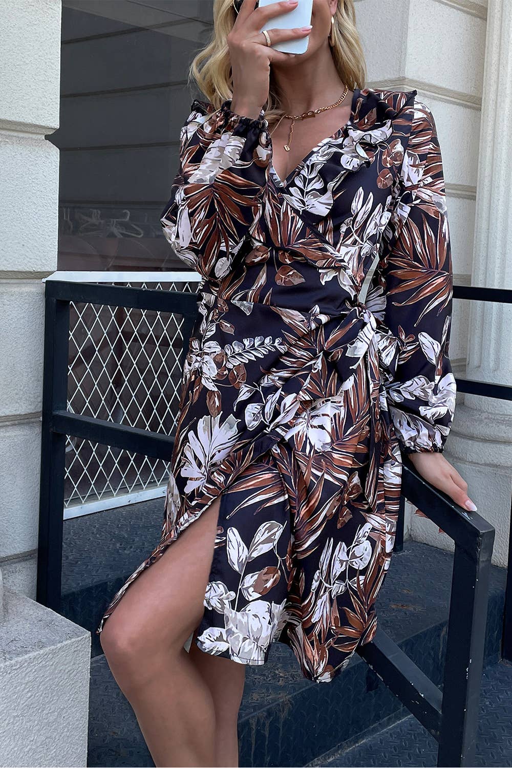 PRINTED RUFFLED V-NECK LACE-UP DRESS