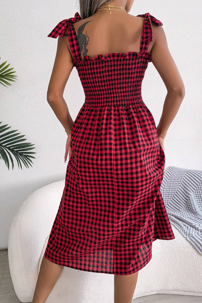 CWDHL0520_SUMMER CASUAL LACE-UP PLAID DRESS MID-LENGTH