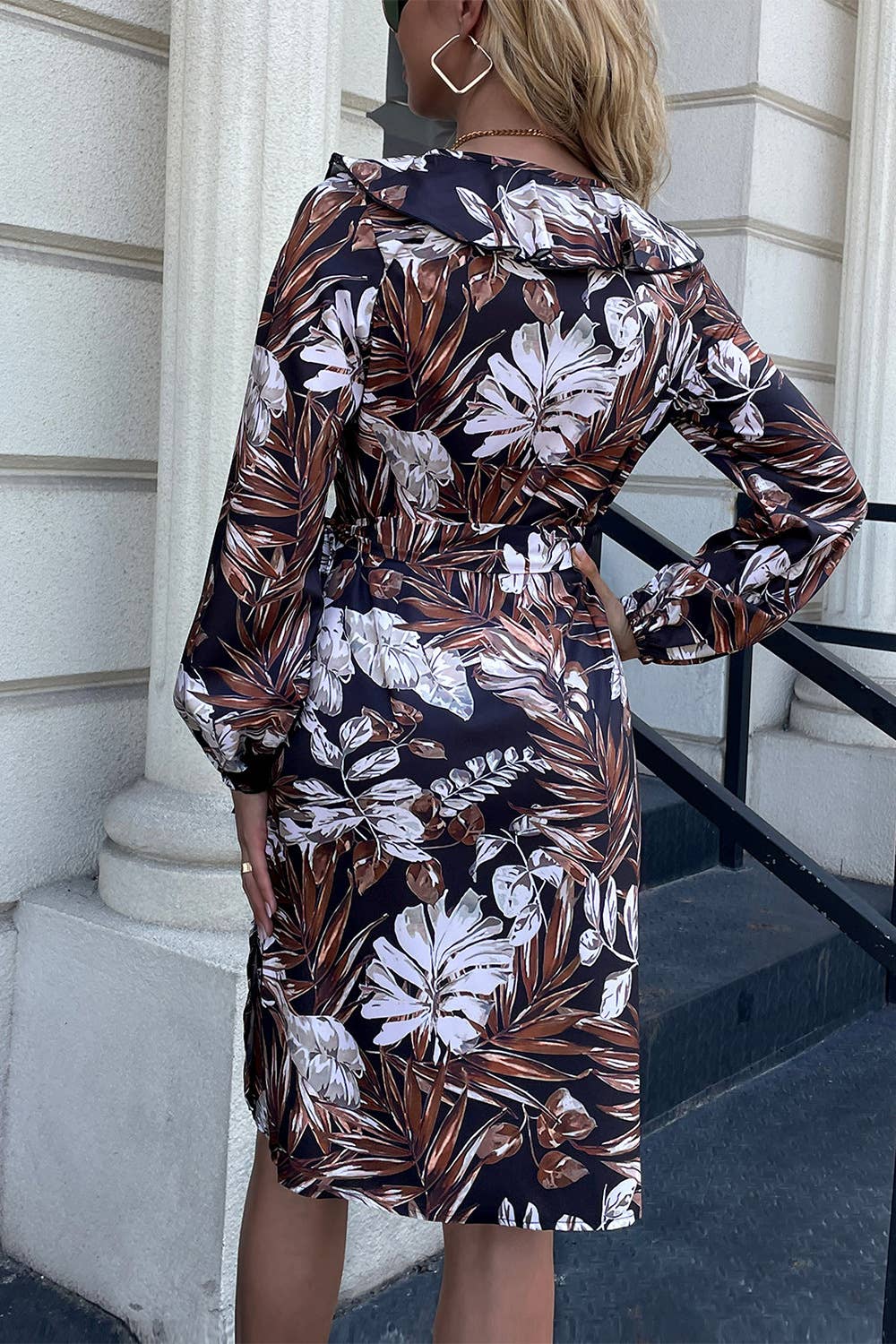 PRINTED RUFFLED V-NECK LACE-UP DRESS