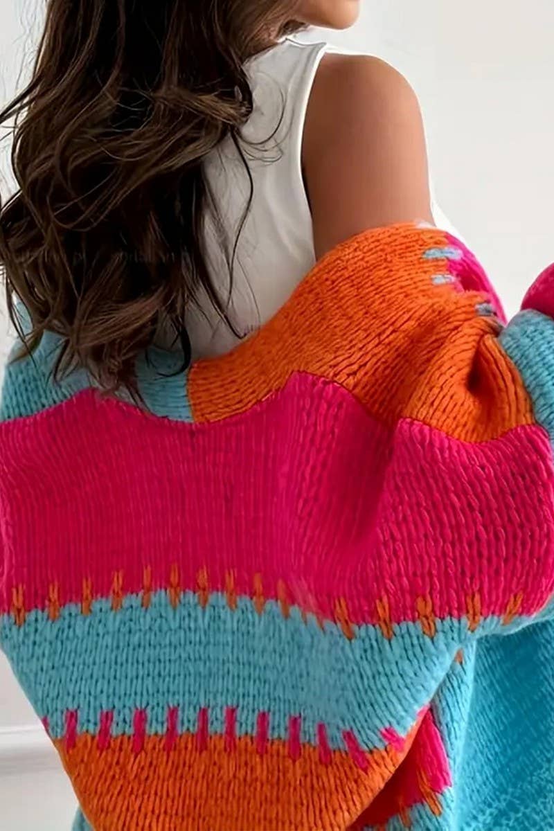 CWOCAL00824_V NECK COLOR BLOCK LOOSE KNIT CARDIGAN