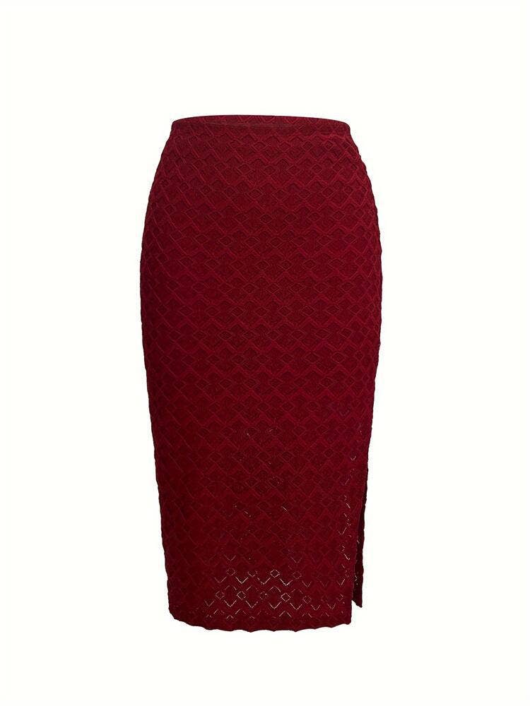 Temperament dark pattern mid-length slit skirt