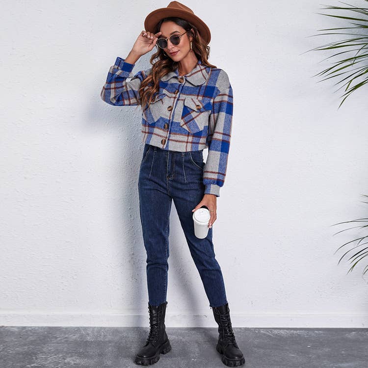 SLIM-FIT PLAID CROPPED SWEATER JACKET