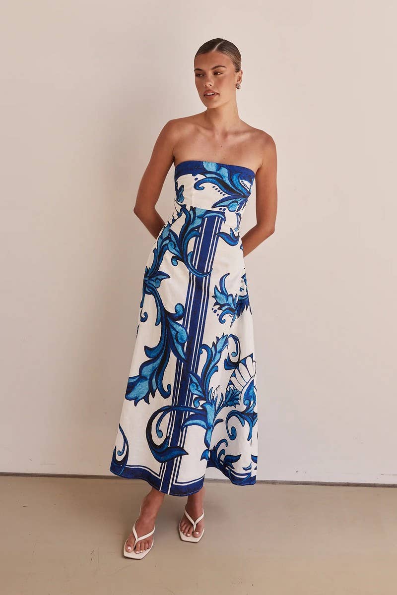 CWDTD0442_STRAPLESS FLORAL PRINT FITTED MAXI DRESS