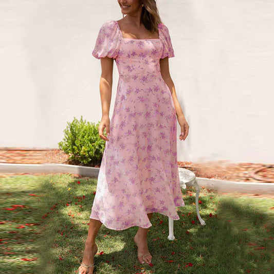 PRINTED LINE NECK DRESS WITH PUFFY SLEEVES