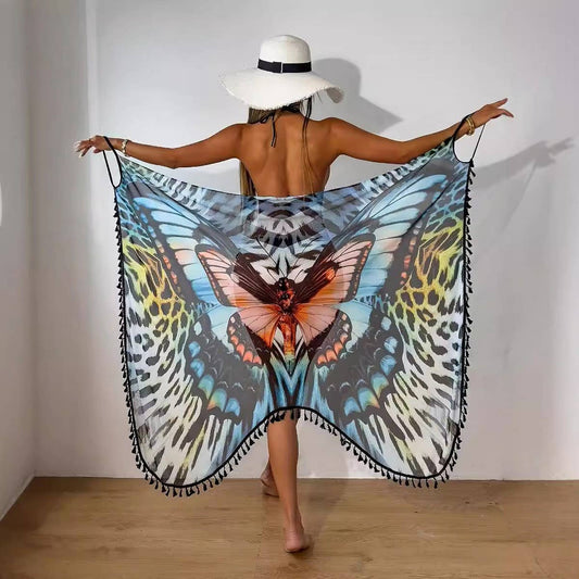 Digital Butterfly Print Cape Wrap Beach Skirt