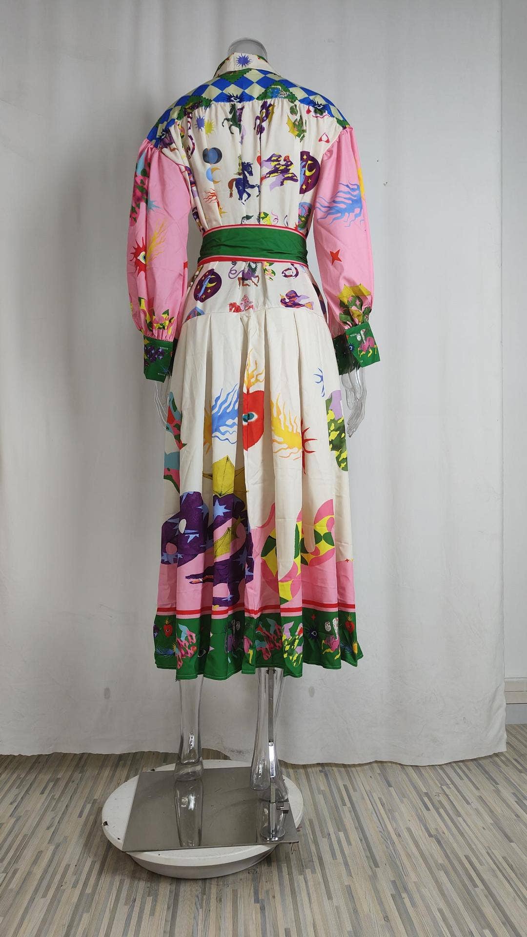 LANTERN SLEEVE PRINTED LAPEL LONG-SLEEVED DRESS