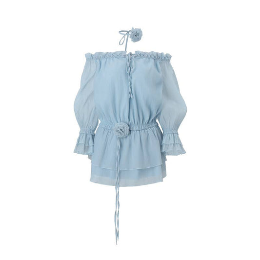 Off shoulder ruffle chiffon long sleeve dress