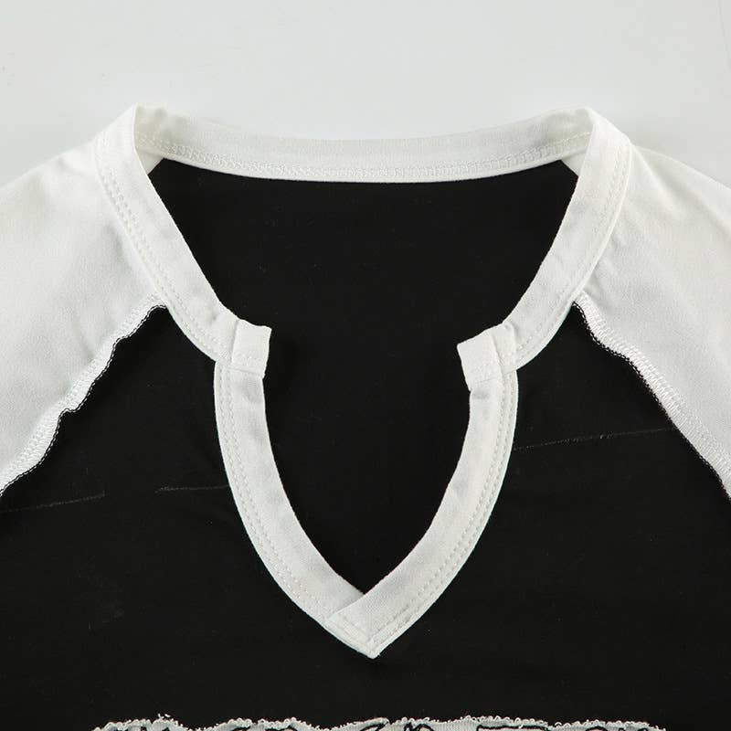 LETTER PRINT V-NECK KNITTED LONG SLEEVE T-SHIRT