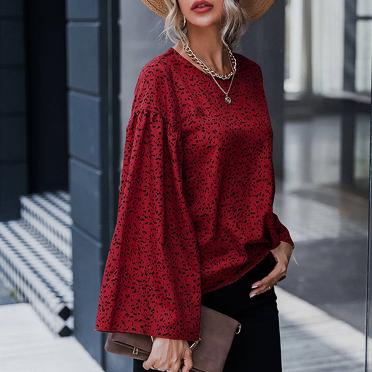 TEMPERAMENT CASUAL PRINTED TRUMPET SLEEVE TOP