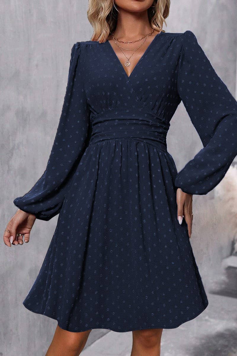 CWDSD6427_JACQUARD V-NECK LANTERN SLEEVE DRESS