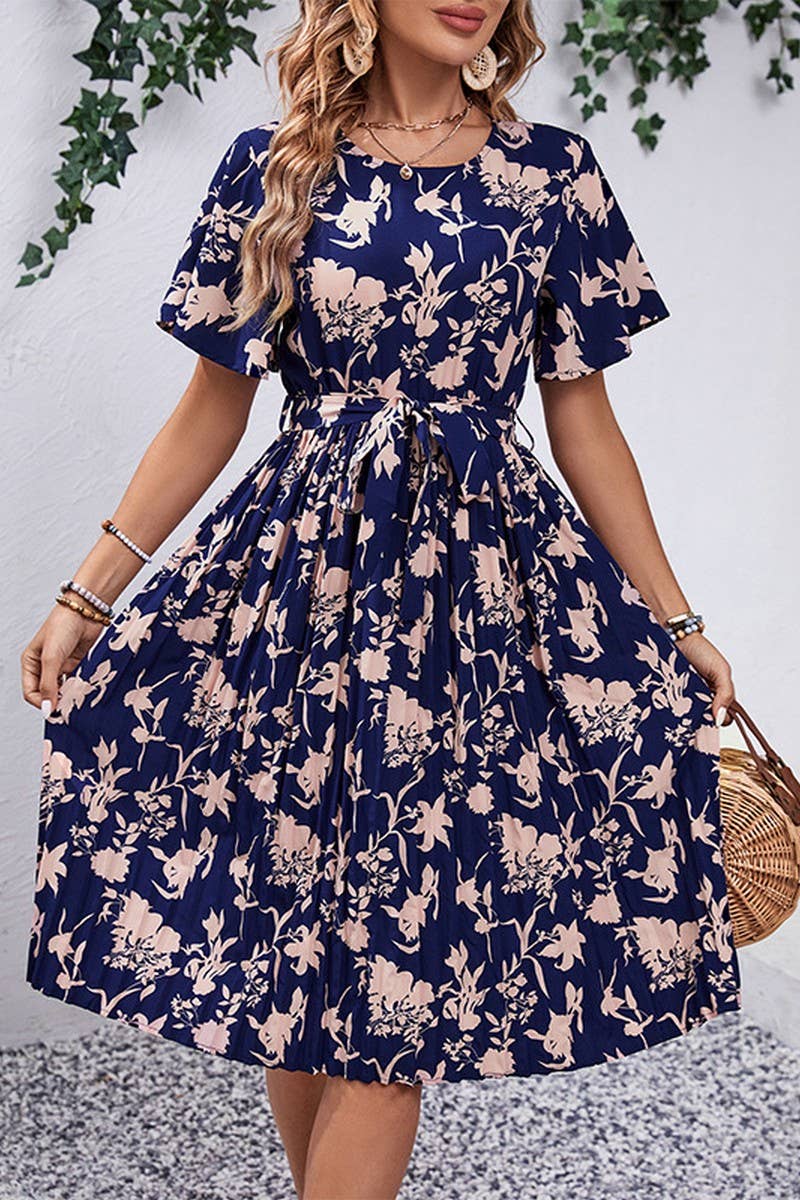 CWDSD2765_Round Neck Short Sleeve with belt Print Dress