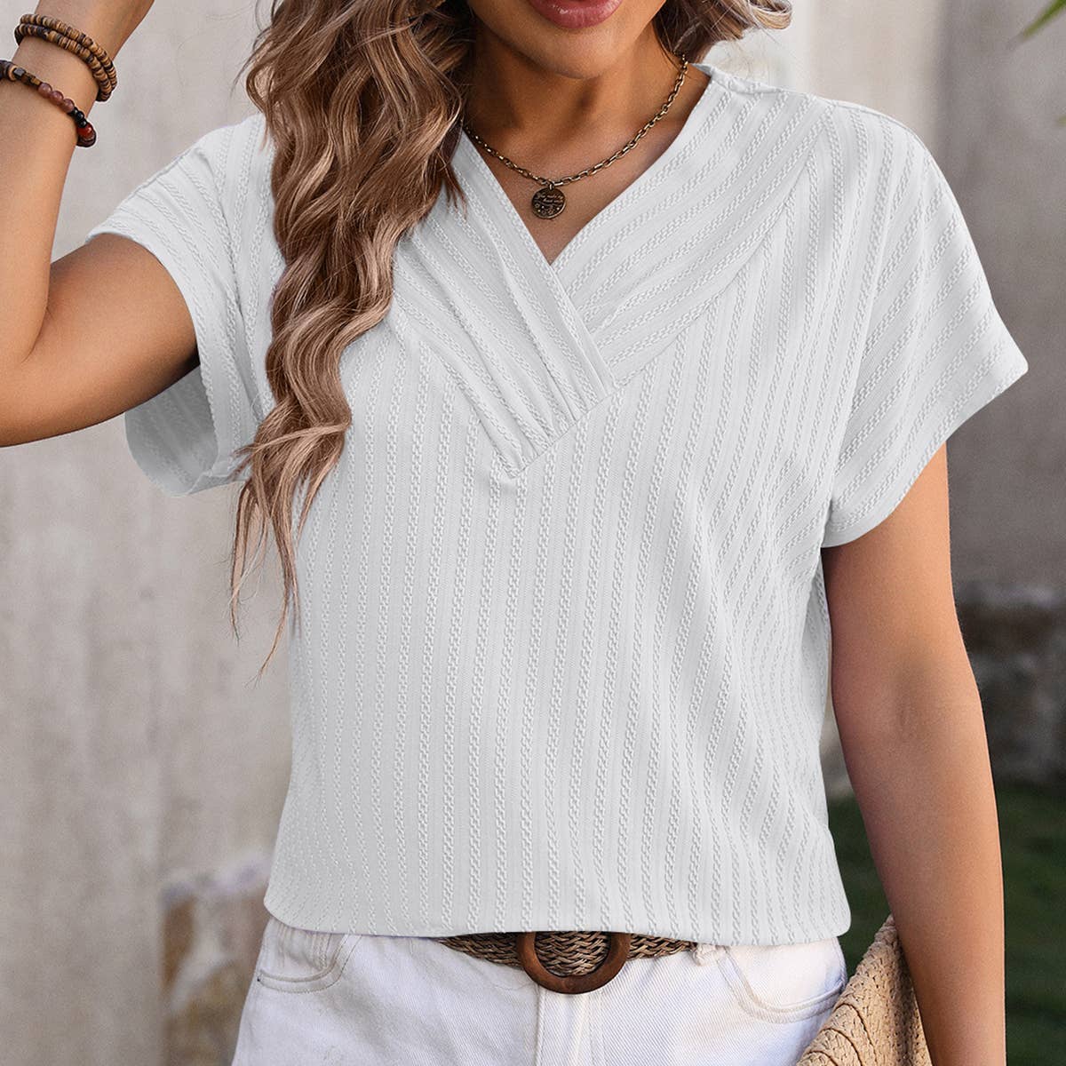 WOMEN'S V NECK PULLOVER JACQUARD SHORT SLEEVED TOP_CWTTS0897