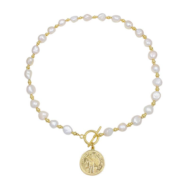 Pearl gold coin figures OT buckle necklaces