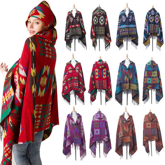 HORN BUTTON BOHEMIAN HOODED CAPE SHAWL