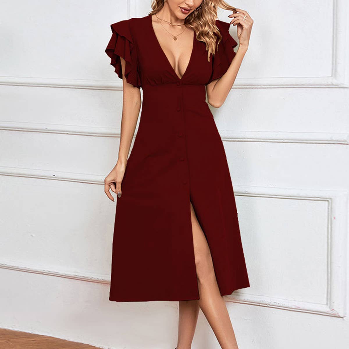 V NECK SEXY BACKLESS BUTTON A LINE MIDI DRESS_CWDSD3248