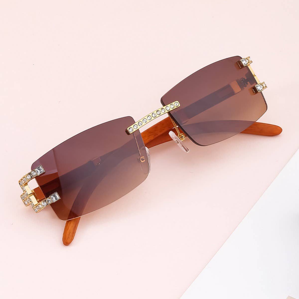 VINTAGE FAUX WOOD FRAMELESS DIAMOND SUNGLASSES