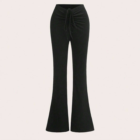 DRAWSTRING LOW-RISE STRETCH SLIM FLARED PANTS