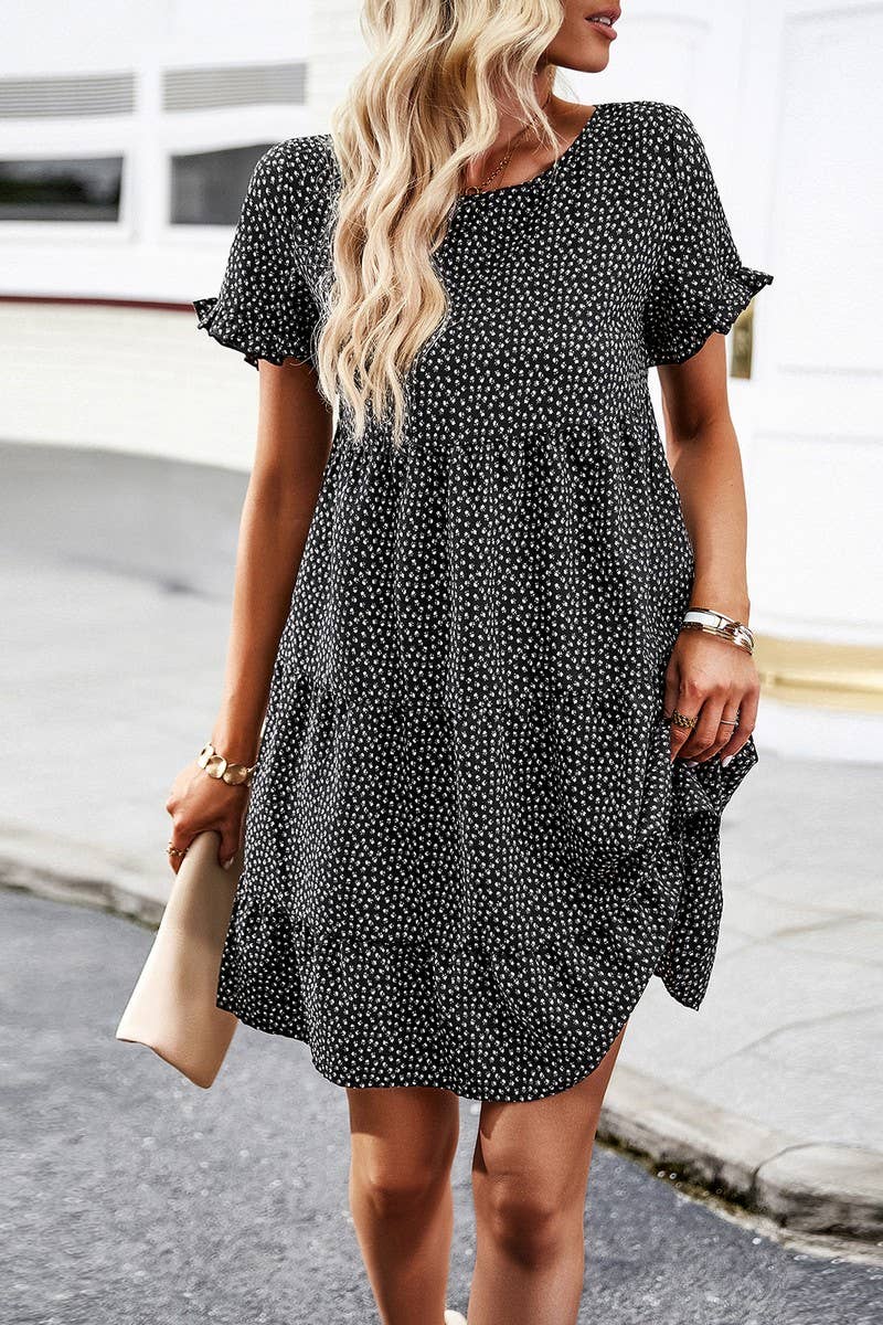 CWDSD2333_Round Neck Floral Ruffle Short Sleeve Dress