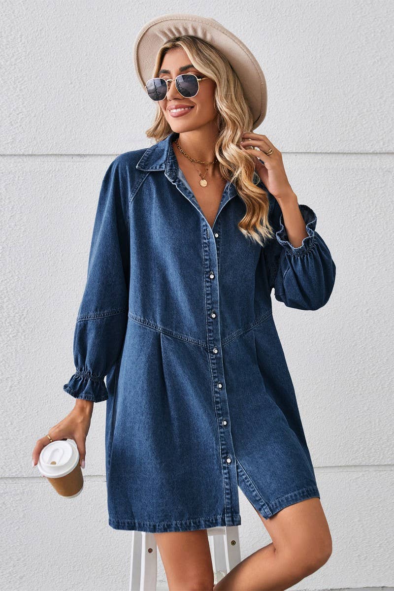 CWDSD10891_WASHED LONG-SLEEVED PANELED DENIM DRESS