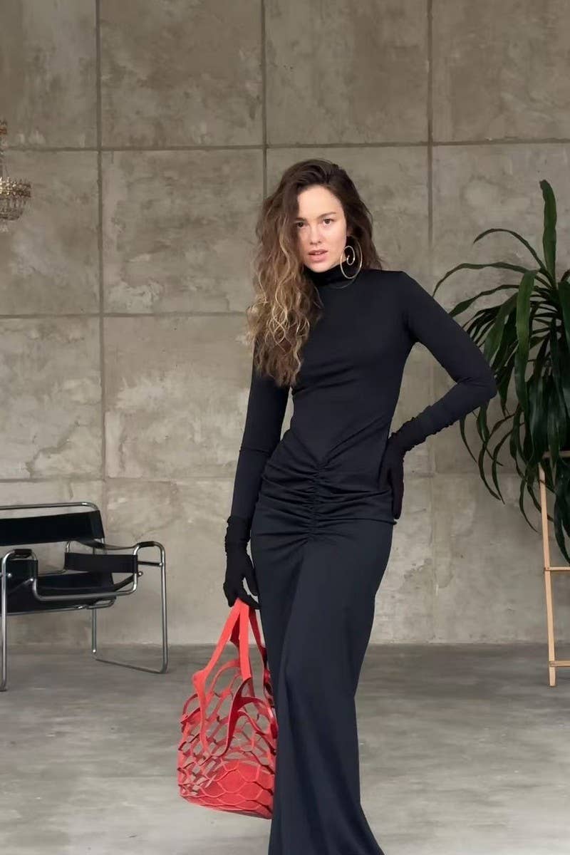 CWDMD01201_SLIM FIT SOLID COLOR PLEATED SEXY HIP DRESS