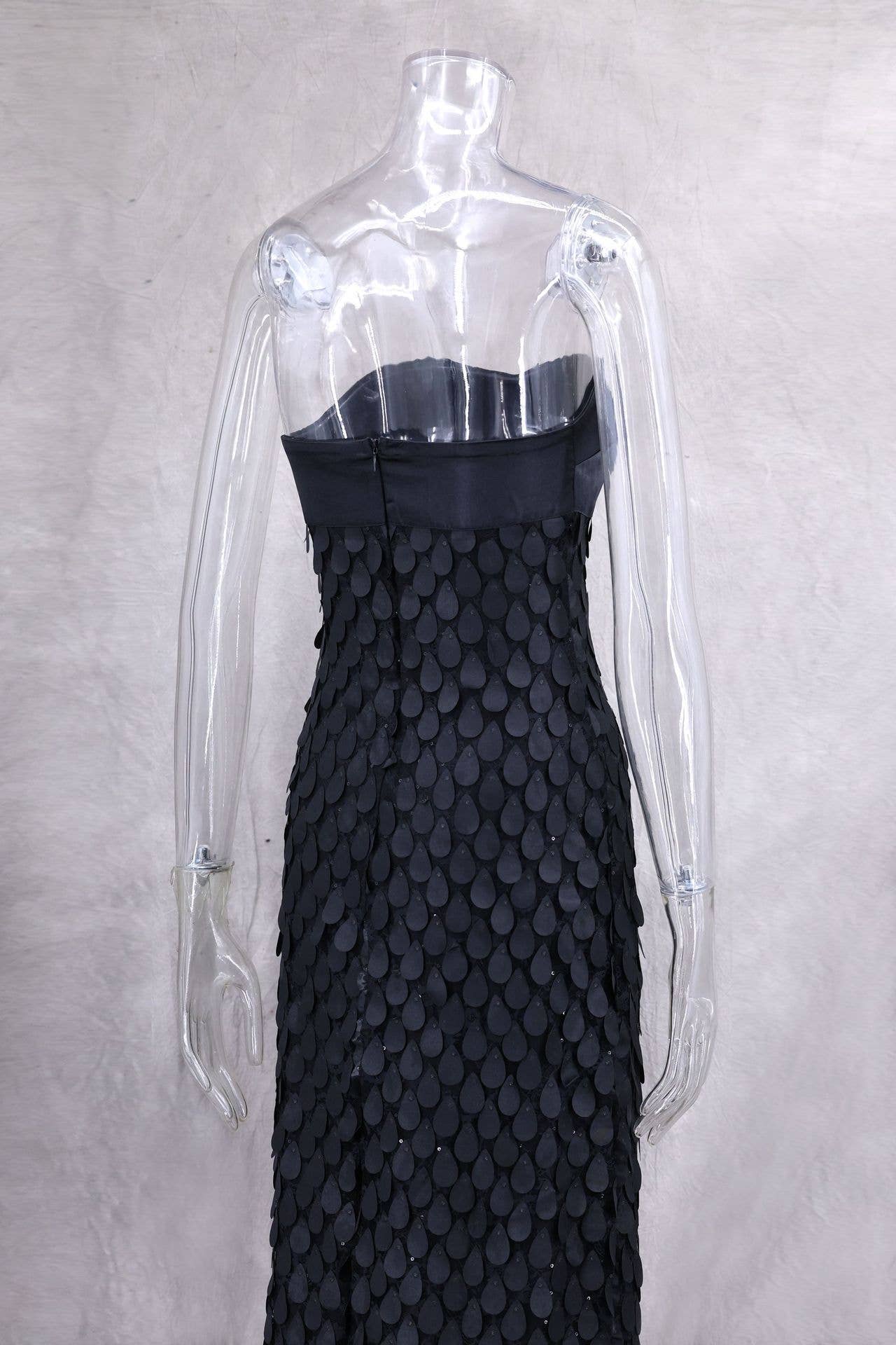 Strapless textured lace sequin backless dress