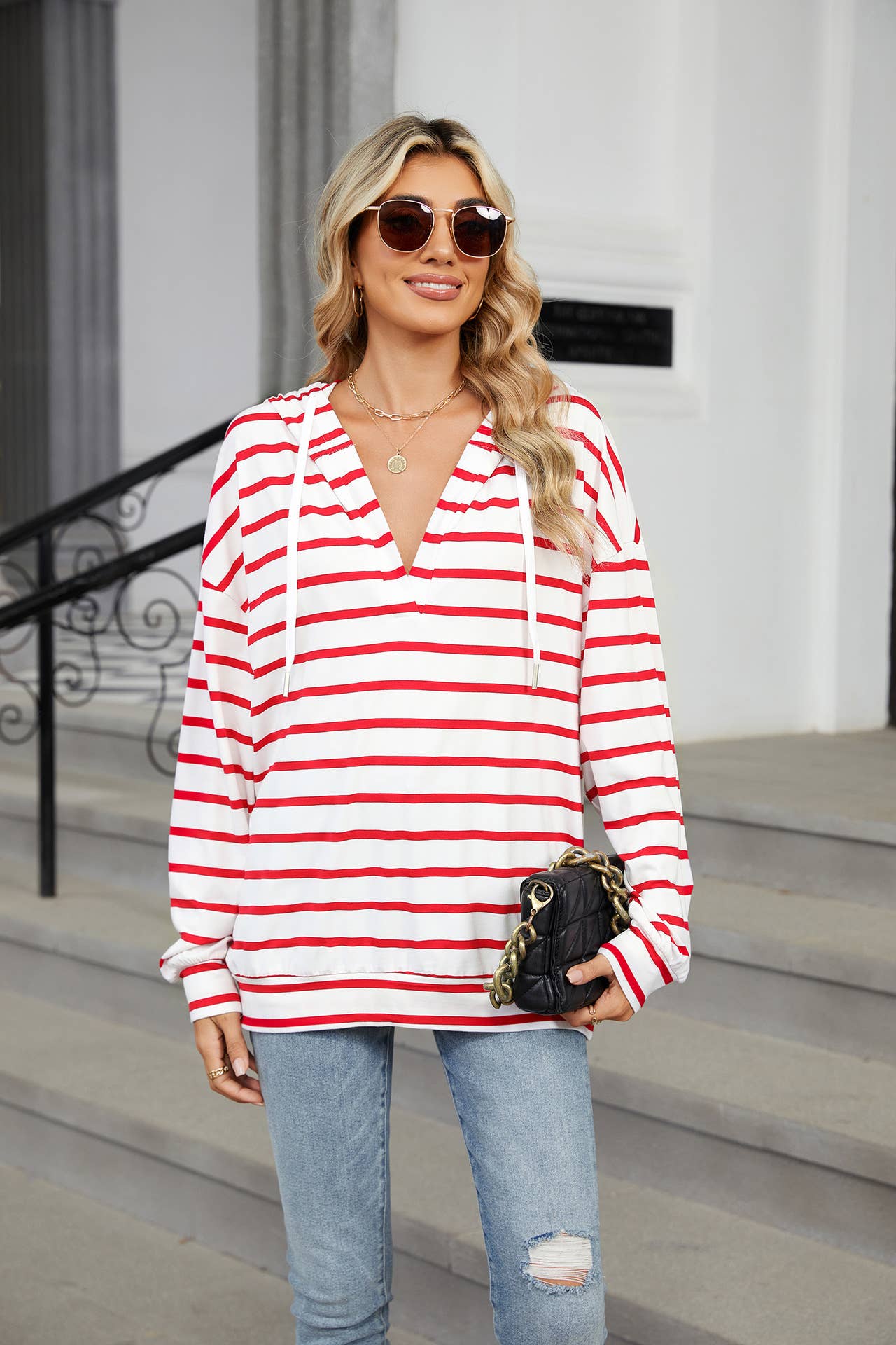Striped V-neck hooded long-sleeved sweatshirt