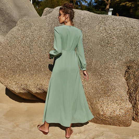 ROUND NECK SOLID COLOR DRESS WITH ELASTIC SLEEVES