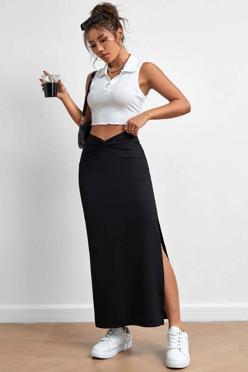 CWBLS0321_SOLID COLOR HIGH WAIST DRAPED SLIT MAXI SKIRT