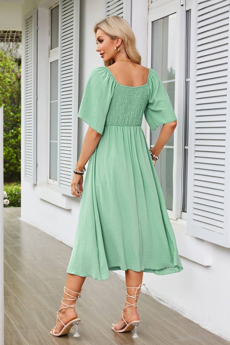 V-neck bow pleated mid-length short-sleeved dress