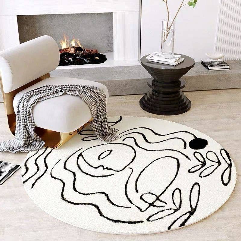 Thick Black & White Round Rug for Living Room