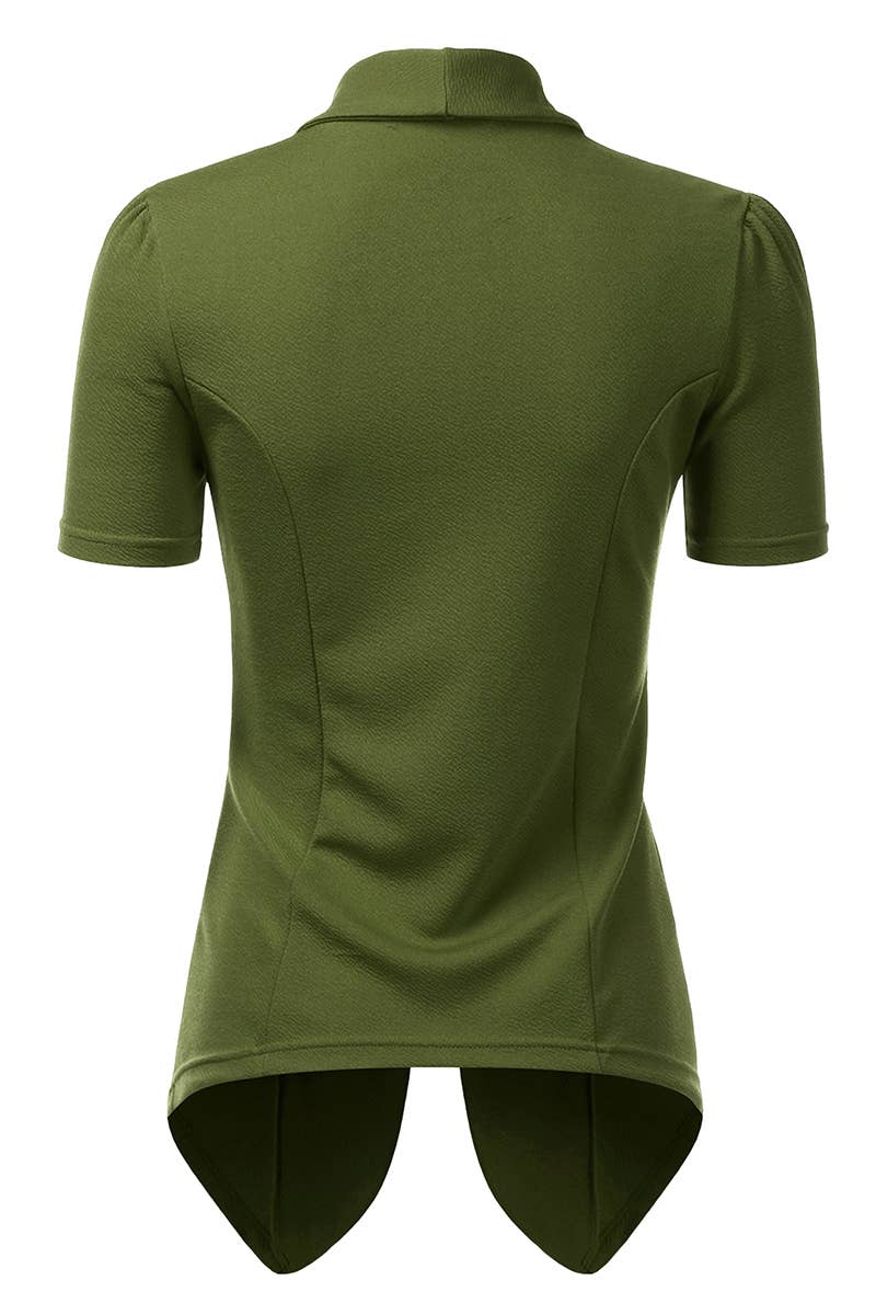 CWOBL095-P_Short Sleeve Open Front Draped Ruffles Blouses