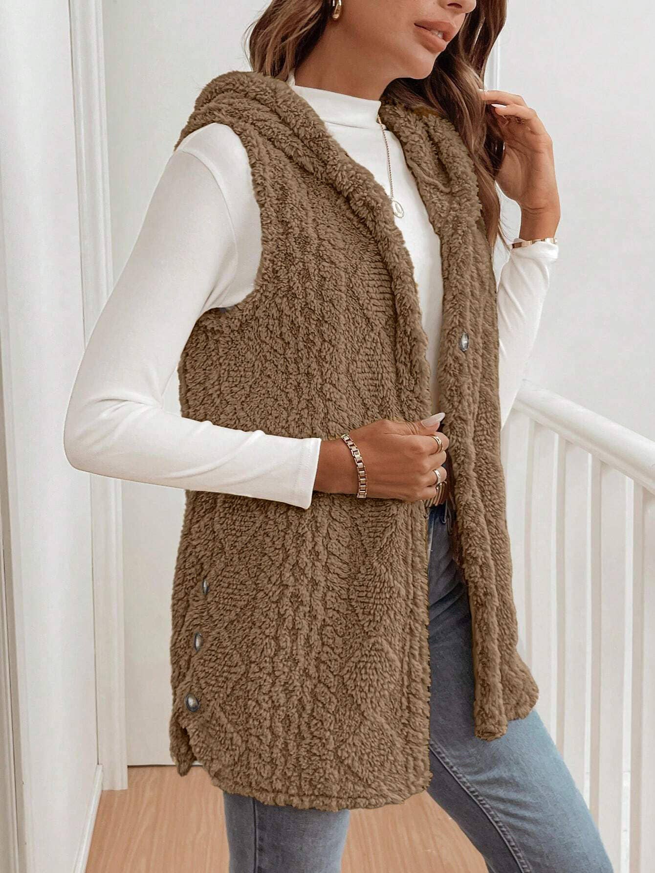 Double-sided plush casual hooded cardigan