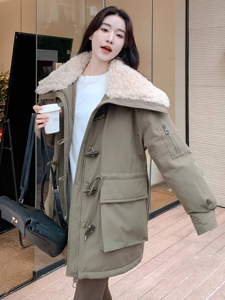 Large lapel horn buckle waist cottons jacket