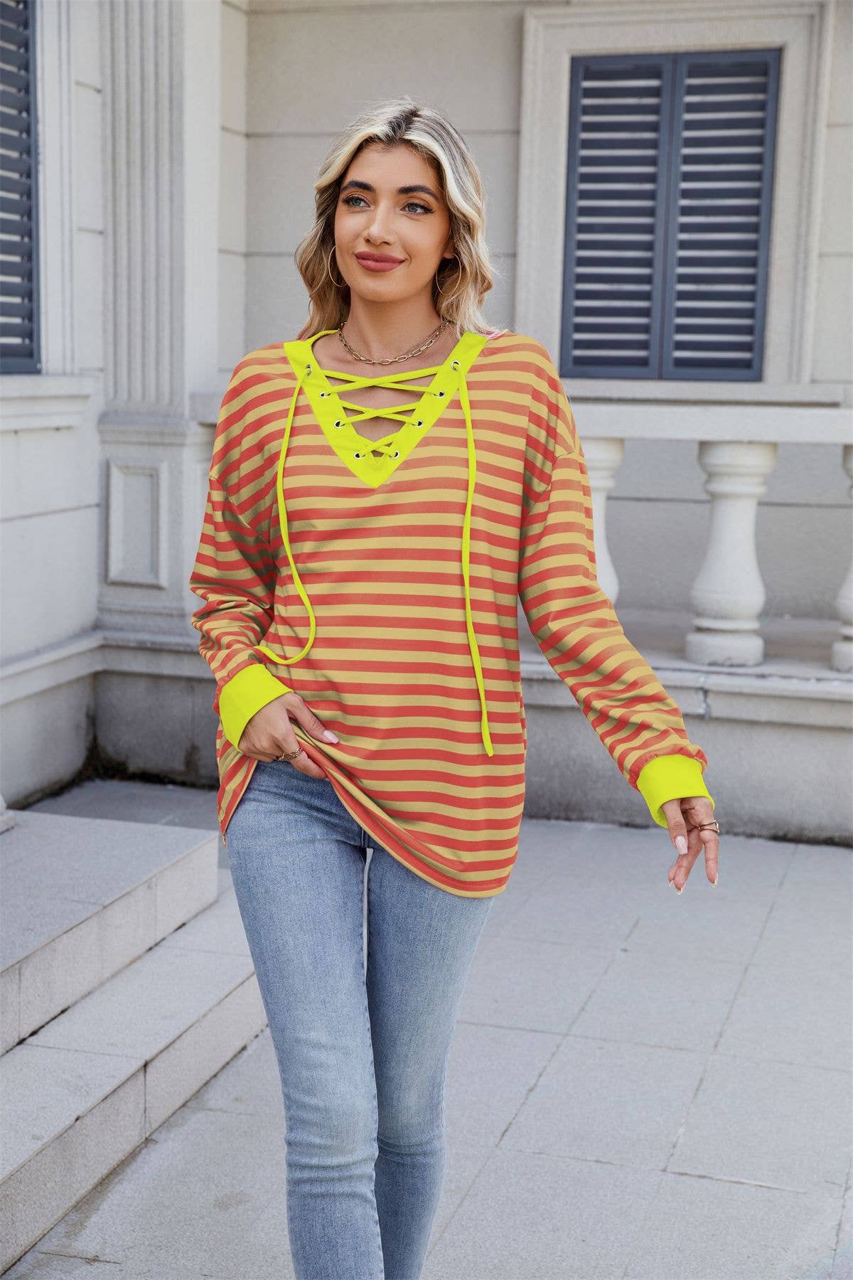 Striped V-neck fashion sexy lace-up sweatshirt